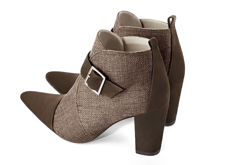 Chocolate brown and tan beige women's ankle boots with buckles at the front. Tapered toe. High block heels. Rear view - Florence KOOIJMAN